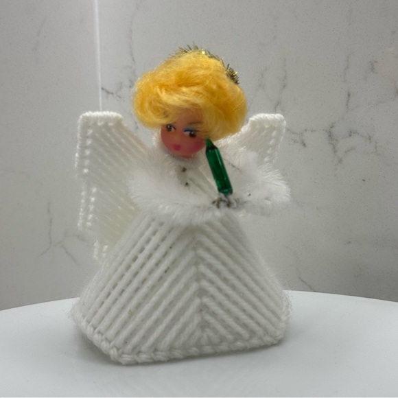 VTG Kitschy Christmas Plastic Canvas Angel Mini Tree Topper Ornament 4" High - Picture 1 of 8